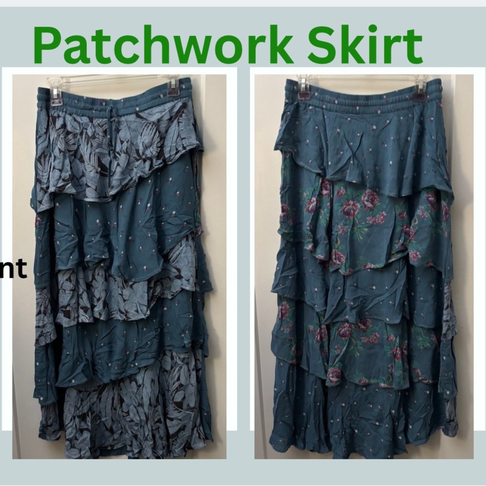 Blue Floral Patchwork Ruffle Maxi Skirt